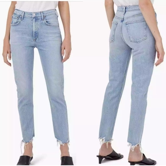 Agolde Merrel Straight Ankle Jeans Womans Size 24 Medium Wash Raw Hem - Picture 1 of 11